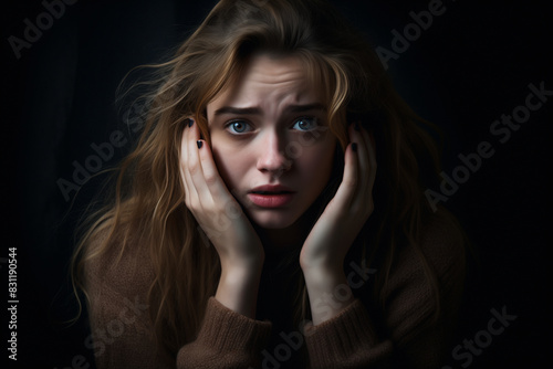 A distressed young woman holding her face, showing an expression of concern