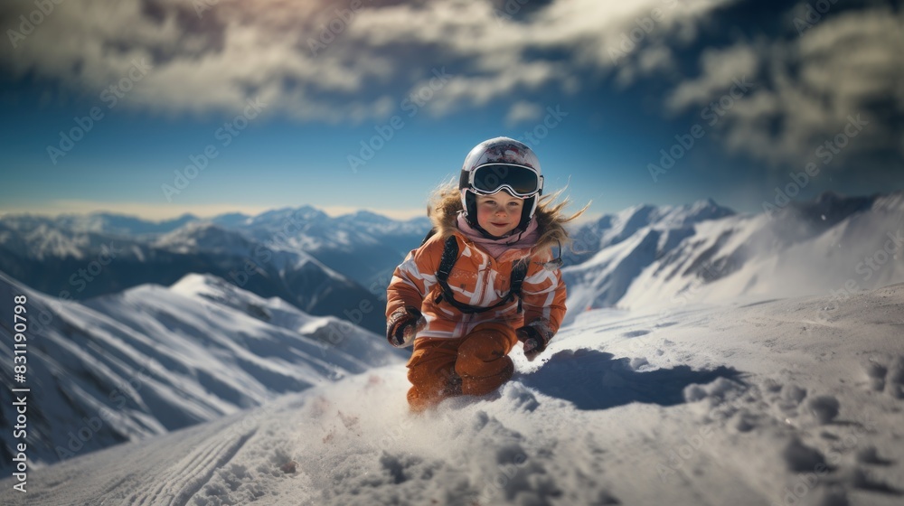 A child in a detailed astronaut suit appears to be joyfully playing in the snow against a mountain backdrop A child in a detailed astronaut suit appears to be joyfully playing in the snow against a mountain backdrop