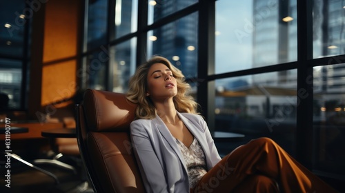 A stylish woman relaxes in a luxurious leather chair, offering a moment of leisure framed by urban architecture