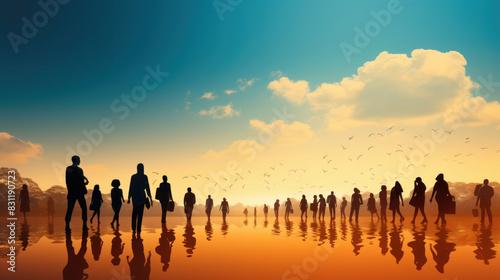 A serene scene showcasing silhouettes of various people reflected on a mirrored surface against a sunset backdrop with flying birds © AS Photo Family