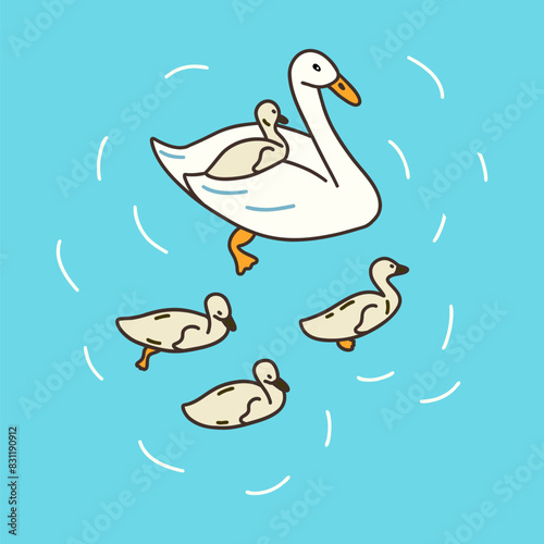 Mother goose with little ducklings swim in lake or pond. White swan with children. Cute duckling sits on mothers back. Agriculture, poultry breeding. Colorful vector illustration hand drawn