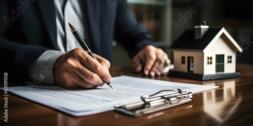 Real estate agent explaining terms of home purchase agreement to a client. Concept real estate, home purchase agreement, explaining terms, client, real estate agent