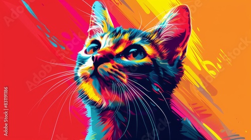 Cute Manx Cat in pop art style, geometric colorful background selective focus, vibrant, overlay, urban street backdrop © AbsoluteAI