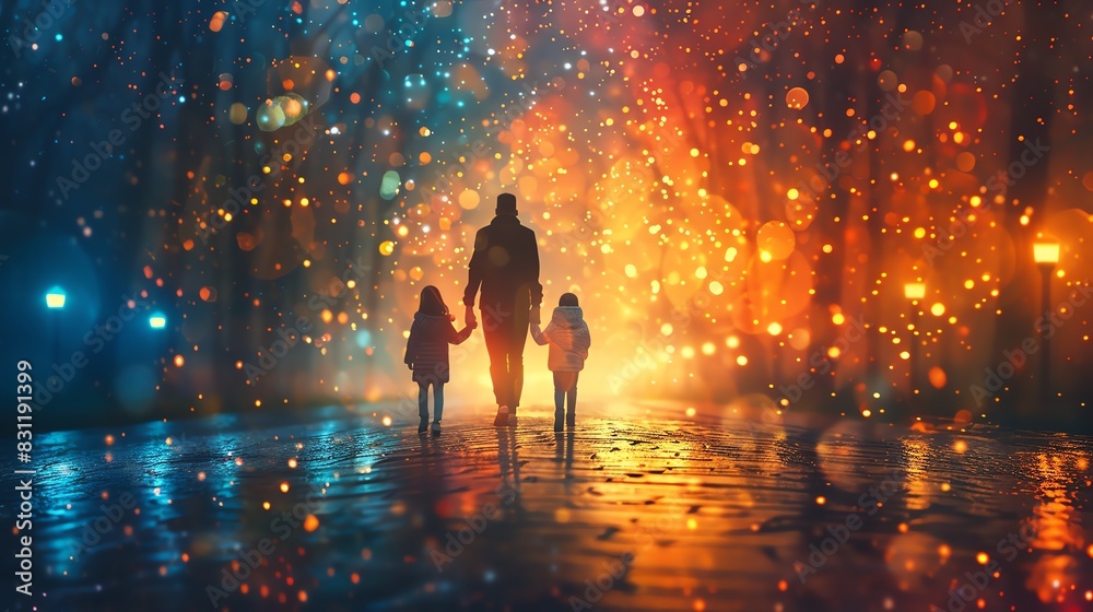A father walks with his two daughters through a magical, glowing forest at night. The path ahead is bright and full of hope.