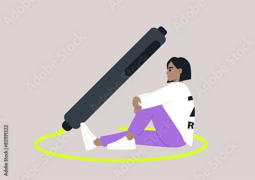 A character, deep in thought, sits calmly inside a yellow marker circle on the floor, protecting personal boundaries, private space indication