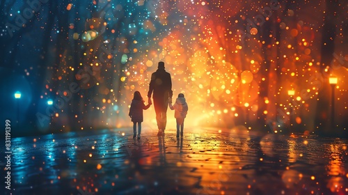 A father walks with his two daughters through a magical, glowing forest at night. The path ahead is bright and full of hope. © Butsarakham