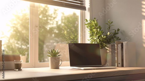 Serene Minimalist Home Office with Sunlight and Succulent