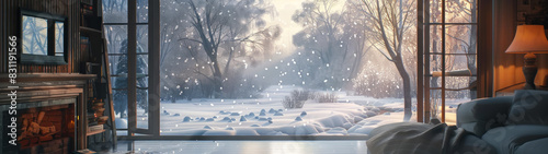Frosty Morning Scene, Wintery landscape with a cozy interior, Calm and Serene, Seasonal Illustration photo