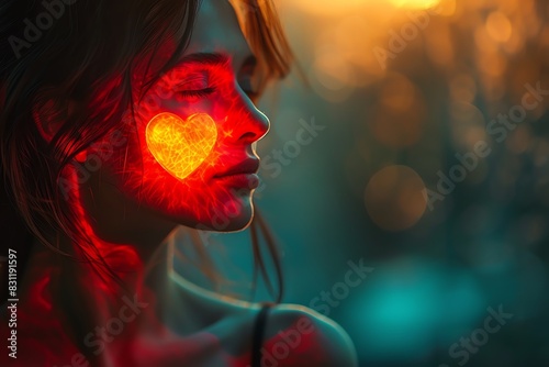 A woman with a glowing heart on her cheek, bathed in warm light, looks wistfully into the distance. photo