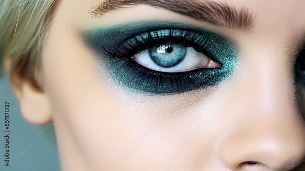 A woman with red and black eye makeup. A woman with red and black eye makeup.