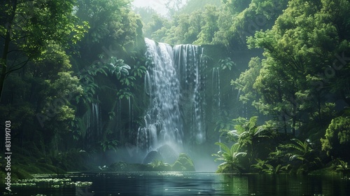 Wide shot of a lush forest with a majestic waterfall cascading into a serene cave, harmonious blend of natural elements, sense of wonder and tranquility.
