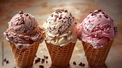 The cone holds chocolate, vanilla, and strawberry ice cream against a white background.