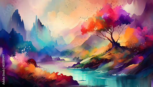 Colorful Mountain range watercolor illustration painting background. photo