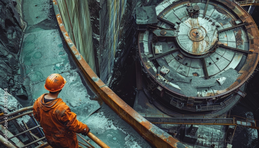 The image shows a large, rusty machine with a man standing next to it ...