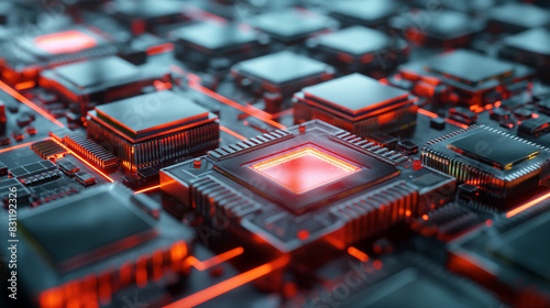 Close-up viewCPU Central computer processor 3D rendering Electronic circuit board Technology Computer