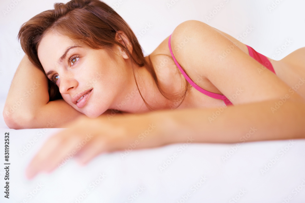 Woman, thinking and relax in underwear on bed with creative idea for fashion or style in home. Happy, girl and sexy model with smile in lingerie, bra and morning in bedroom with sensual choice Woman, thinking and relax in underwear on bed with creative idea for fashion or style in home. Happy, girl and sexy model with smile in lingerie, bra and morning in bedroom with sensual choice