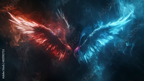 big half red half blue wings on black background with haze photo