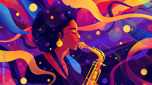 Saxophone Festival, Illustration of a woman playing saxophone, Musical and Lively, Festival Vibes photo