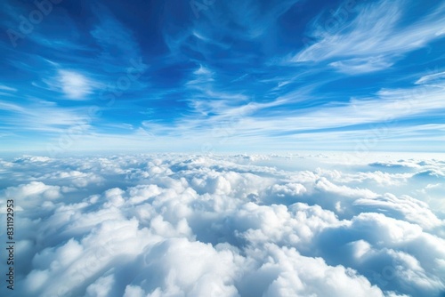 Above The Clouds. Dawn Sky View with White and Blue Clouds in Nature © AIGen