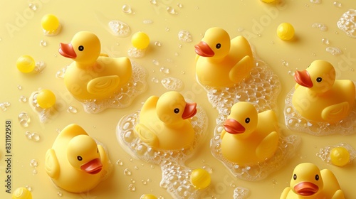 Yellow rubber ducks in water with bubbles against a yellow background. photo