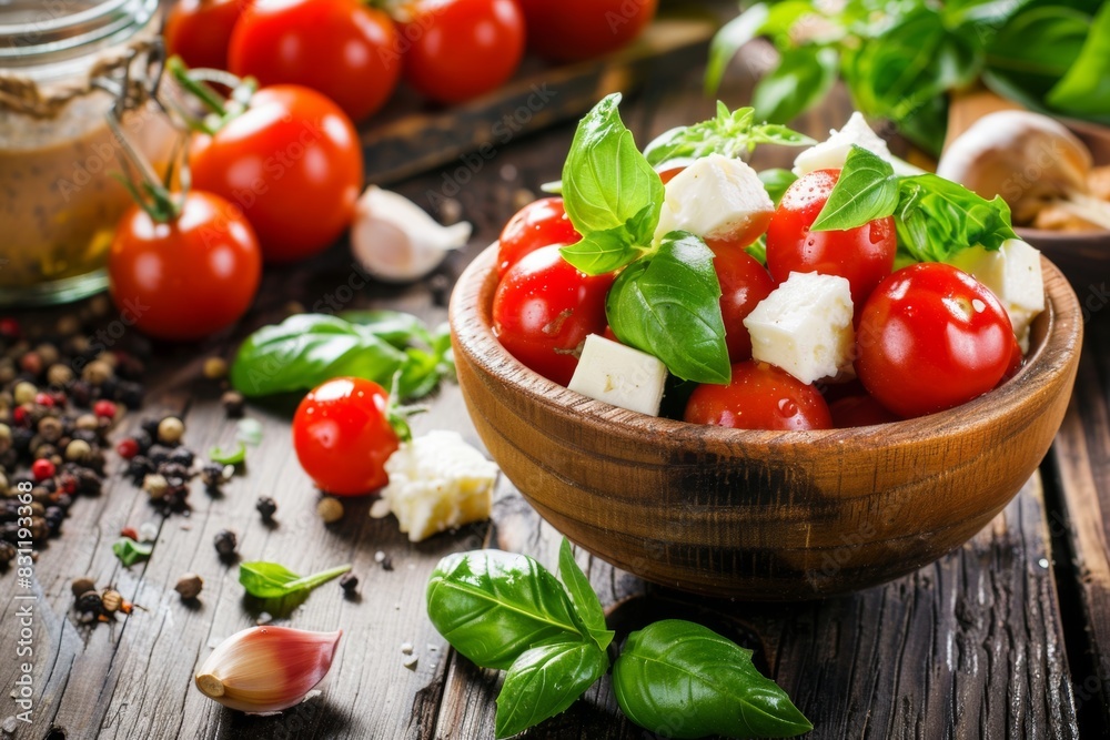 Fresh caprese salad bowl with ripe tomatoes and mozzarella cheese Fresh caprese salad bowl with ripe tomatoes and mozzarella cheese