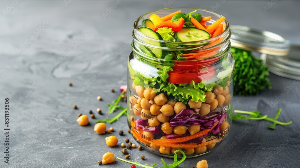 Mason jar salad with chickpeas, lettuce and vegetables on gray background with copy space for text. Mason jar salad with chickpeas, lettuce and vegetables on gray background with copy space for text.