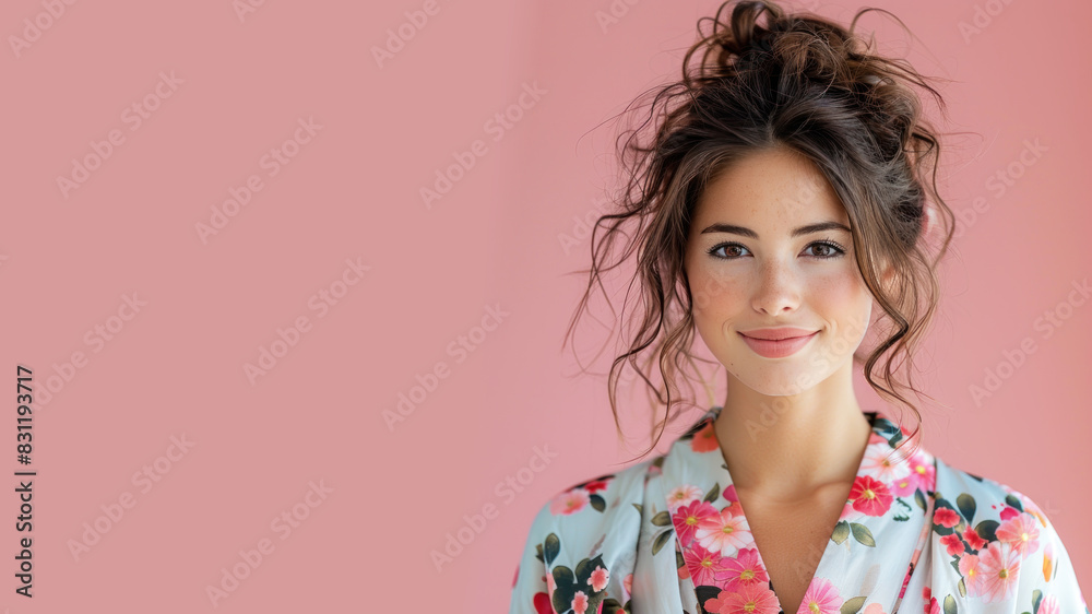 Australian woman in japanese kimono traditional suit isolated on pastel Australian woman in japanese kimono traditional suit isolated on pastel