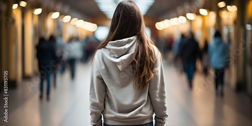 Young woman in hooded sweatshirt and distressed jeans strolling with blurred backdrop. Concept Casual Fashion, Urban Style, Streetwear, Hoodie Trend, City Lifestyle