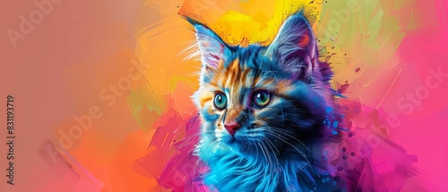 Cute Turkish Angora Cat in pop art style, geometric colorful background selective focus, vibrant, overlay, urban street backdrop