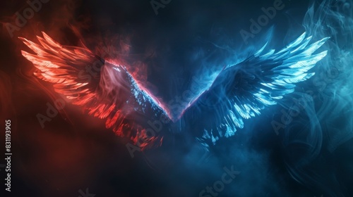 big half red half blue wings on black background with haze photo