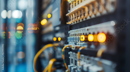 A fiber optic cable connects to the optical port and a UTP network cable connects to the Ethernet port. Server rack attached to front panel switch ports