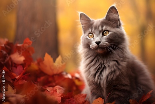 Portrait of a cute nebelung cat over background of autumn leaves
