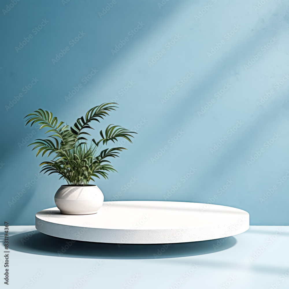 A white vase with a plant in it sits on a white pedestal A white vase with a plant in it sits on a white pedestal