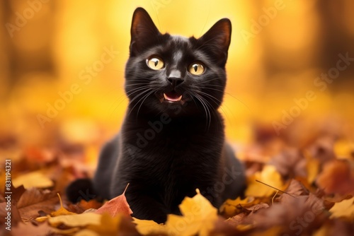 Portrait of a smiling bombay cat isolated on background of autumn leaves