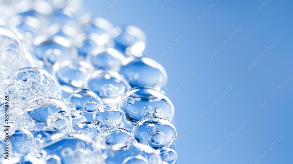 Sparkling water bubbles on blue gradient background