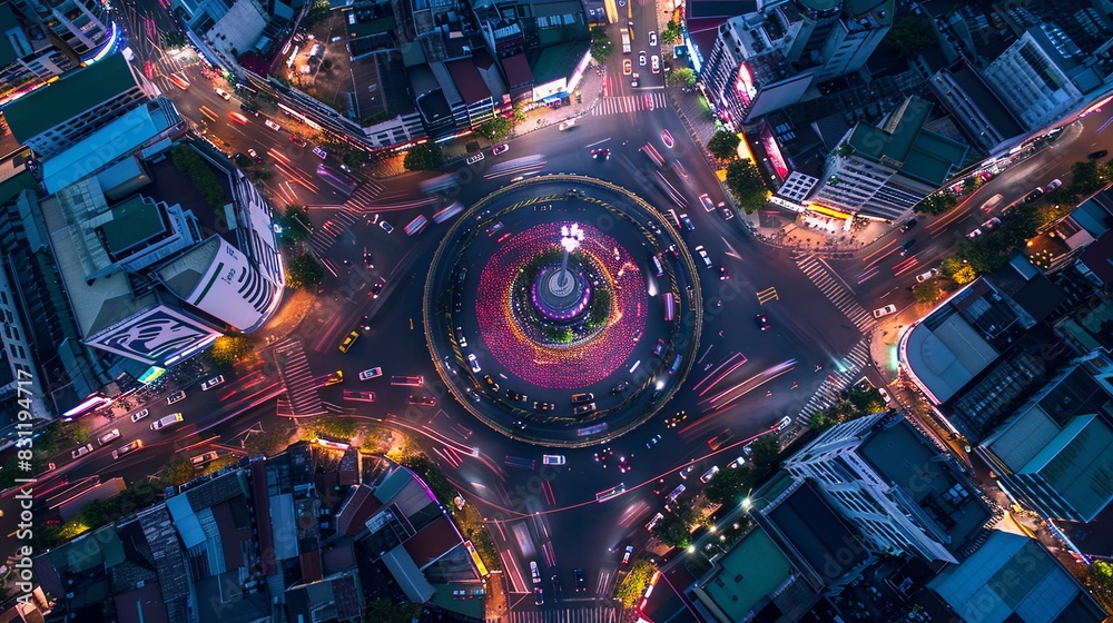 Road roundabout with car lots Wongwian Yai in Bangkok,Thailand. street large beautiful downtown at evening light. Aerial view , Top view ,cityscape ,Rush hour traffic jam Road roundabout with car lots Wongwian Yai in Bangkok,Thailand. street large beautiful downtown at evening light. Aerial view , Top view ,cityscape ,Rush hour traffic jam