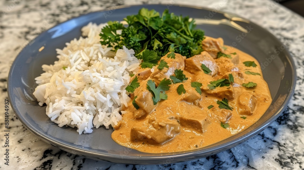 Homemade chicken curry with white rice and fresh parsley on modern plate Homemade chicken curry with white rice and fresh parsley on modern plate