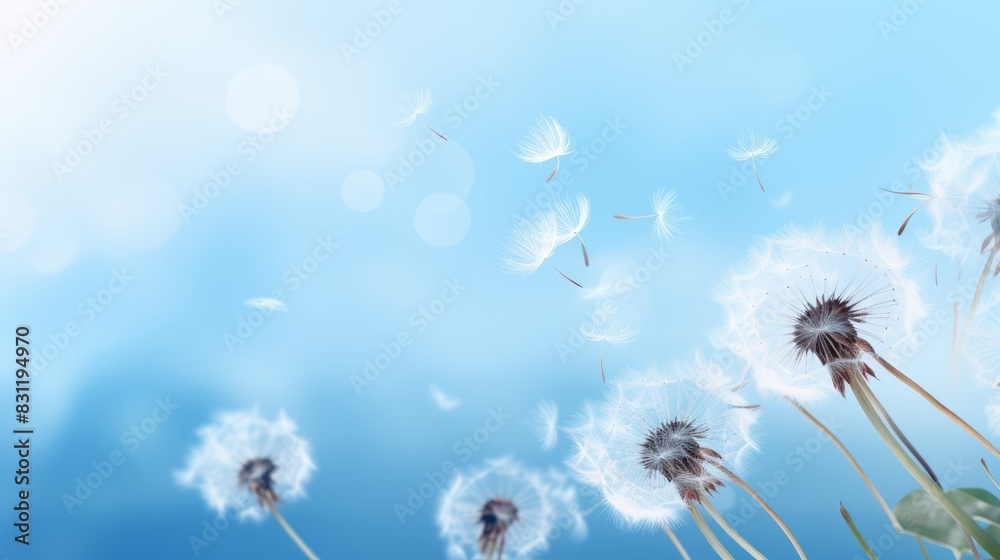Obraz premium Dandelion seeds dispersing in the air against a soft blue background with bokeh effects.