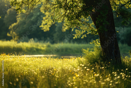 Summer green rural meadow with field plants and grass, countryside seasonal l...