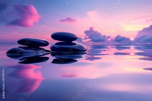 Serene sunset over tranquil water with zen stones