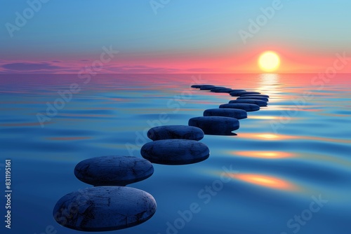 Tranquil sunset over serene ocean with stepping stones