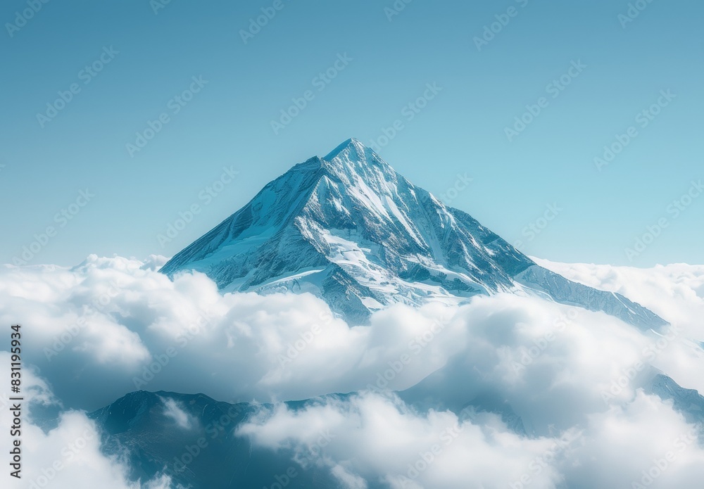 A mountain peak surrounded by wispy clouds with a clear blue sky above. The majestic landscape provides plenty of room for inspirational messages about reaching new heights and aspirations. A mountain peak surrounded by wispy clouds with a clear blue sky above. The majestic landscape provides plenty of room for inspirational messages about reaching new heights and aspirations.
