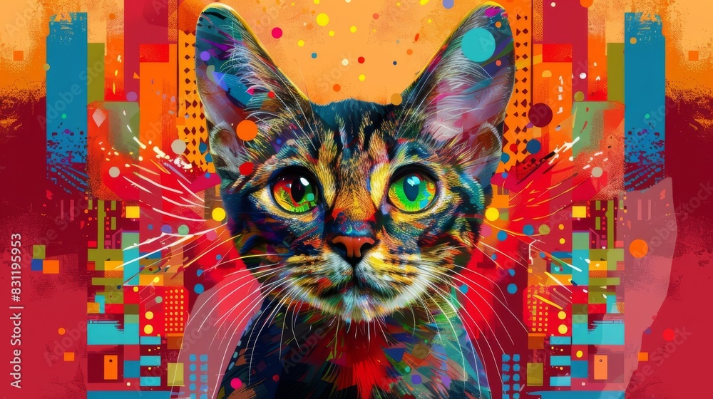 Egyptian Mau Cat in vibrant pop art style, colorful geometric background close up, whimsical, blend mode, cityscape backdrop