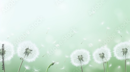 Dandelions with seeds blowing away against a light green background with bokeh effects.