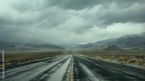 Driving on a deserted road with mountains ahead and overcast sky visible through the car s front window