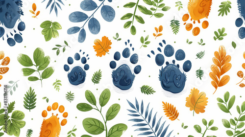 The cute bear footprints with flower and leaf pattern. photo