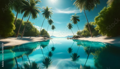Summer background with a palm trees and calm turquoise water.