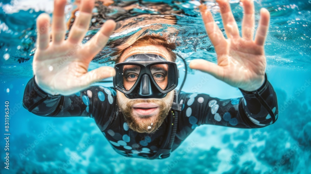 A young male diver wearing an underwater mask swims in a clear blue tropical sea.