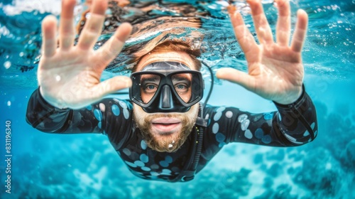 A young male diver wearing an underwater mask swims in a clear blue tropical sea.
