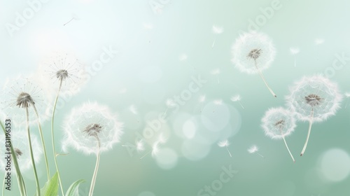 Dandelions with seeds blowing away against a light green background with bokeh effects.